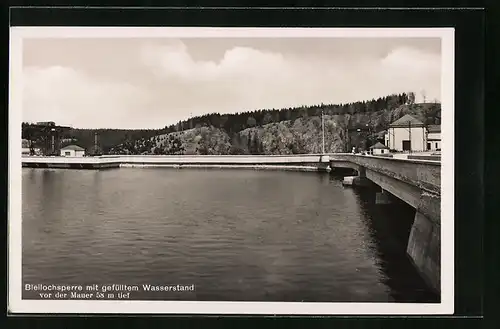 AK Saalburg, Bleilochsperre mit gefülltem Wasserstand vor der Mauer