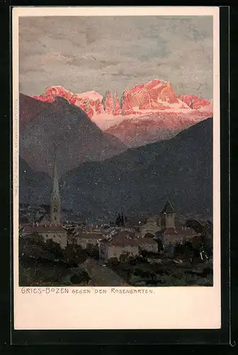 Künstler-AK Zeno Diemer: Gries-Bozen, Panorama gegen den Rosengarten