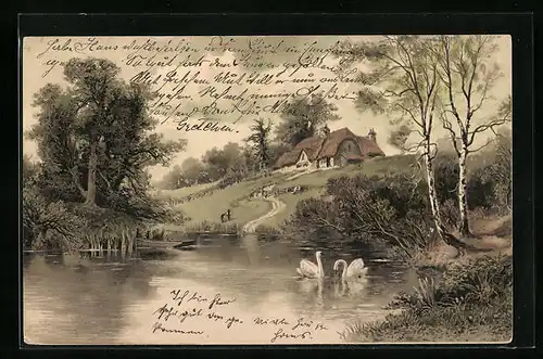 Künstler-AK Meissner & Buch (M&B) Serie 1789: Schwäne auf einem Teich, Blick auf ein Gehöft