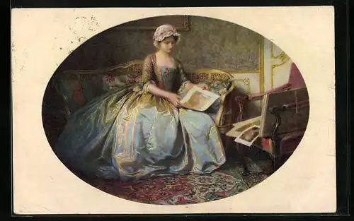 Künstler-AK Meissner & Buch (M&B) Serie 2528: Hübsche Dame betrachtet Bildnisse