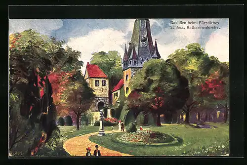 Künstler-AK Bad Bentheim, Fürstliches Schloss Katharinenkirche