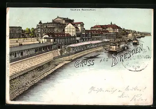 Lithographie Dresden, Elbufer mit Helbig`s Restaurant