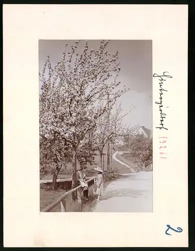 Fotografie Brück & Sohn Meissen, Ansicht Hintergersdorf, Partie im Ort in der Baumblüte, zwei junge Mädchen in Kleidern