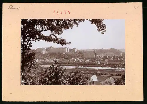 Fotografie Brück & Sohn Meissen, Ansicht Pirna / Elbe, Blick nach dem Hafen mit Hotel Forsthaus und der Stadt, Schloss