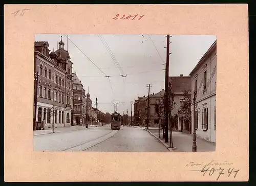 Fotografie Brück & Sohn Meissen, Ansicht Kötzschenbroda, Strassenbahn in der Meissner Strasse, Wettinhaus, Geschäfte