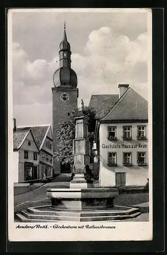 AK Arnsberg / Westf., Glockenturm mit Rathausbrunnen