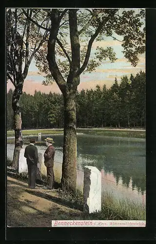 AK Benneckenstein i. Harz, Spaziergänger am Hüttenmühlenteich