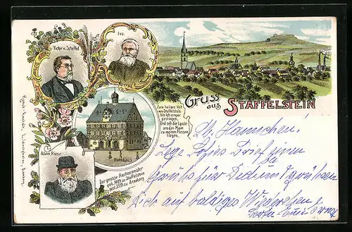 Lithographie Staffelstein, Rathaus, Victor v. Scheffel, Ivo