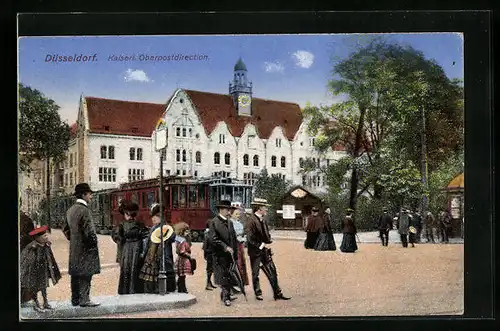 AK Düsseldorf, Partie an der Oberpostdirektion mit Passanten und Strassenbahn