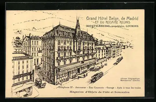 Künstler-AK Lourdes, Grand Hotel Belge, Strassenbahn