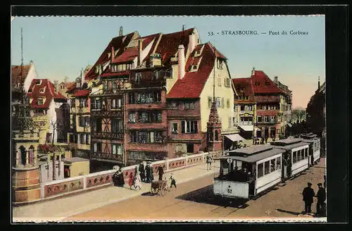 AK Strasbourg, Pont du Corbeau, Strassenbahn