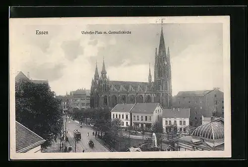 AK Essen, Viehofer-Platz mit Gertrudiskirche und Strassenbahn