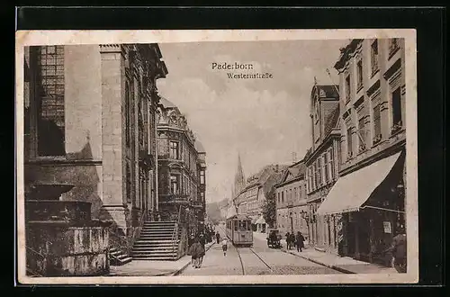AK Paderborn, Westernstrasse mit Blick auf Kirchturm und Strassenbahn