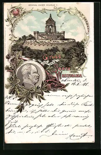 Lithographie Porta Westfalica, Denkmal Kaiser Wilhelm I.