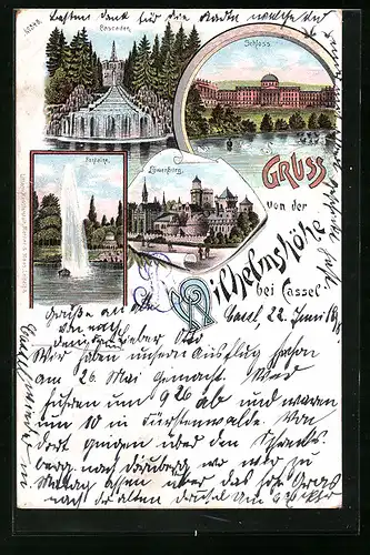 Lithographie Kassel-Wilhelmshöhe, Schloss, Fontaine, Löwenburg