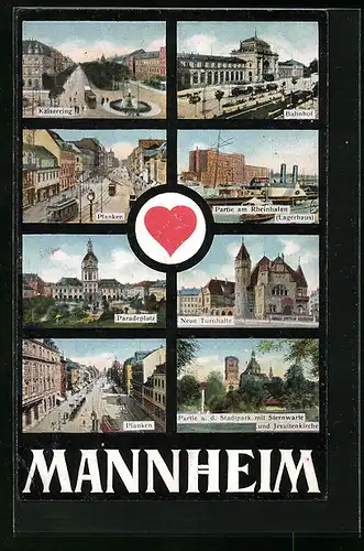 AK Mannheim, Bahnhof, Kaiserring, Planken, Neue Turnhalle