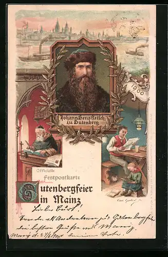 Lithographie Mainz, Gutenbergfeier 1900, Panorama