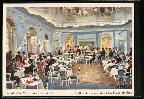 Künstler-AK Berlin, Casino International Casanova, Lutherstrasse 22, Blauer Spiegel-Saal