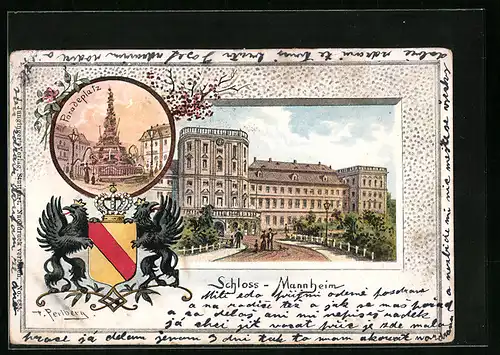 Passepartout-Lithographie Mannheim, Schloss, Paradeplatz, Wappen