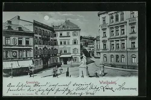 Mondschein-AK Wiesbaden, Kranzplatz mit Hotel Engel