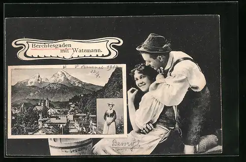 AK Berchtesgaden, Ortsansicht mit Watzmann und Paar in Tracht