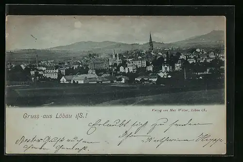 Mondschein-AK Löbau i. Sa., Gesamtansicht mit Kirche