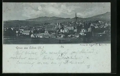 Mondschein-AK Löbau i. Sa., Totalansicht mit Kirche