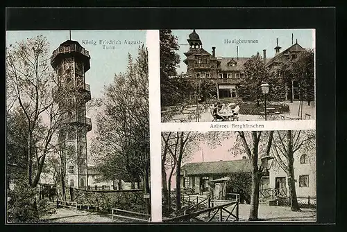 AK Löbau i. Sa., König Friedrich August-Turm mit Gasthaus Honigbrunnen