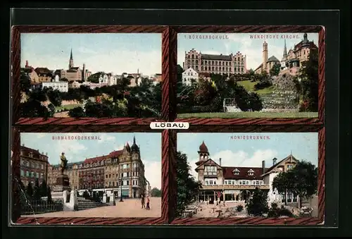 AK Löbau i. Sa., Ortsansicht mit Bismarckdenkmal