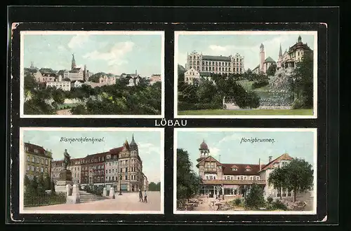 AK Löbau i. Sa., Ortsansicht mit Bismarckdenkmal