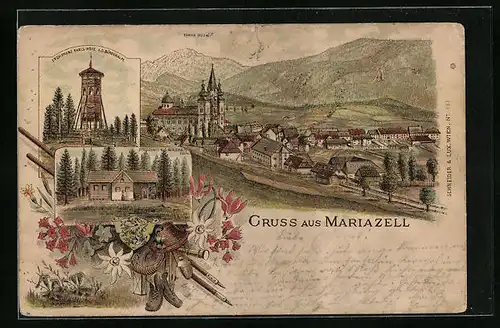 Lithographie Mariazell, Teilansicht mit Kirche, Schutzhaus a. d. Bürgeralpe, Erzh. Franz Karls-Höhe a. d. Bürgeralpe