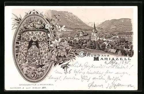 Vorläufer-Lithographie Mariazell, 1895, Teilansicht mit Kirche, Gnadenmutter