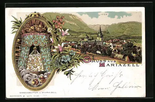 Lithographie Mariazell, Teilansicht mit Kirche, Gnadenmutter