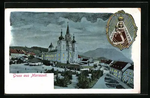 Präge-AK Mariazell, Blick zur Kirche am Abend, Gnadenbild