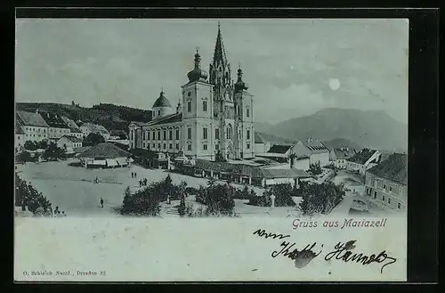 Mondschein-AK Mariazell, Ortsansicht mit Kirche