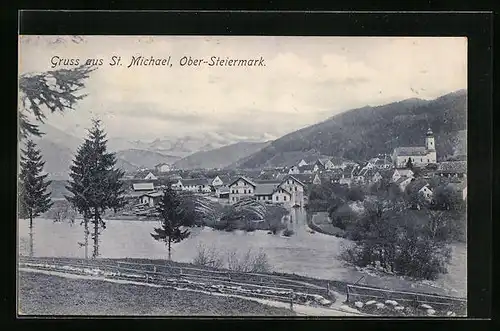 AK St. Michael, Ortsansicht mit Holzstoff-Fabrik