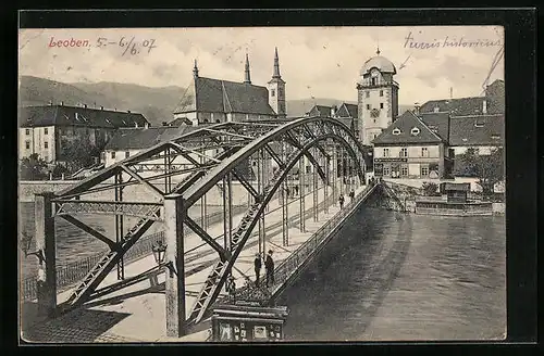 AK Leoben, Ortsansicht mit Flusspartie und Brücke