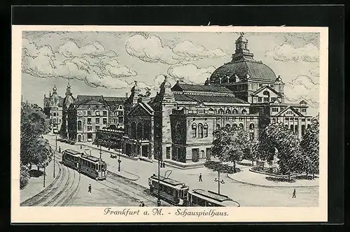 Künstler-AK Frankfurt a. M., Strassenbahn am Schauspielhaus