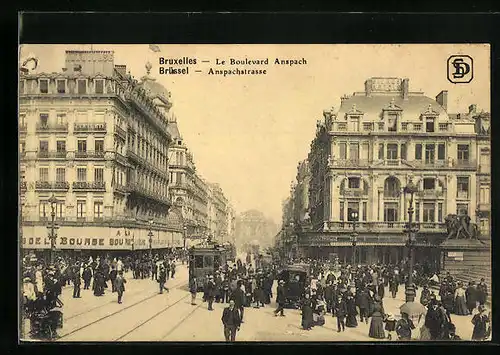 AK Brüssel, Anspachstrasse mit Strassenbahn