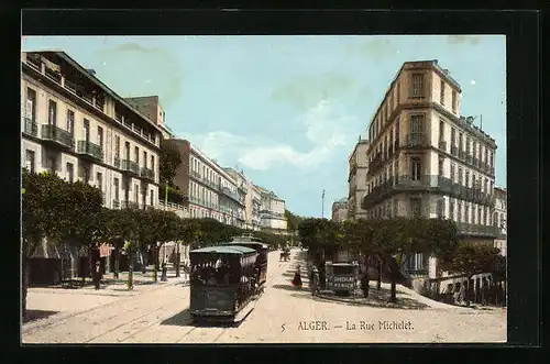 AK Alger, La Rue Michelet, Strassenbahn