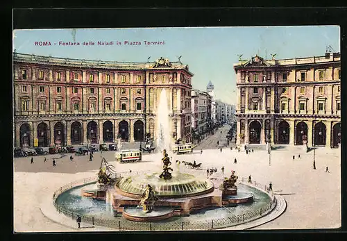 AK Roma, Fontana delle Naiadi in Piazza Termini, Strassenbahn