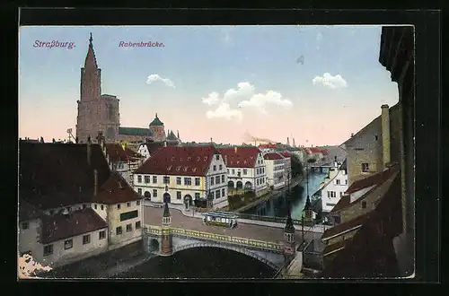 AK Strassburg, Rabenbrücke mit Strassenbahn