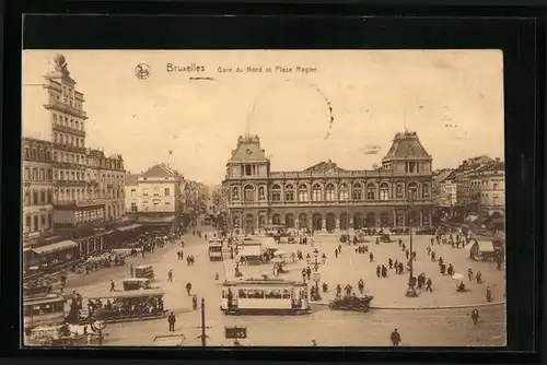 AK Bruxelles, Gare du Nord et Place Rogier, Strassenbahn