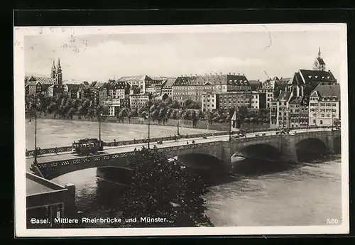 AK Basel, Mittlere Rheinbrücke und Münster mit Strassenbahn