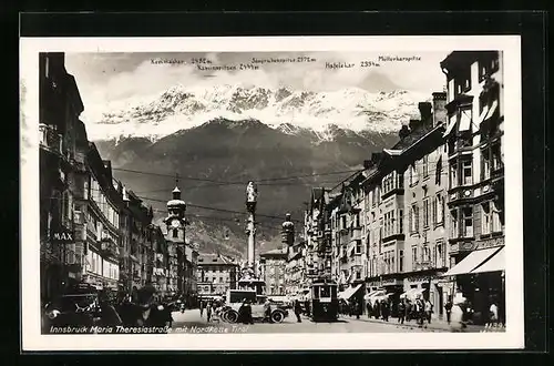 AK Innsbruck, Maria Theresienstrasse mit Nordkette, Strassenbahn