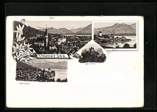 Lithographie Thun, Teilansicht mit Kirche und See, Spiez, Oberhofen