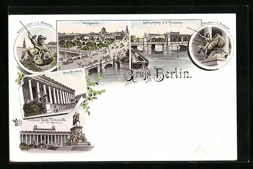 Lithographie Berlin, Lustgarten, Neues Museum, Schlossbrücke