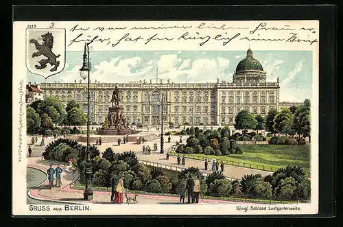 Lithographie Berlin, Königliches Schloss vom Lustgarten aus, Berliner Wappen