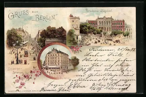 Lithographie Berlin, Grand-Hotel Bellevue, Blick in die Leipziger Strasse