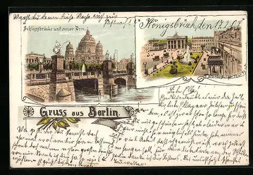 Lithographie Berlin, Schlossbrücke und neuer Dom, Brandenburger Thor